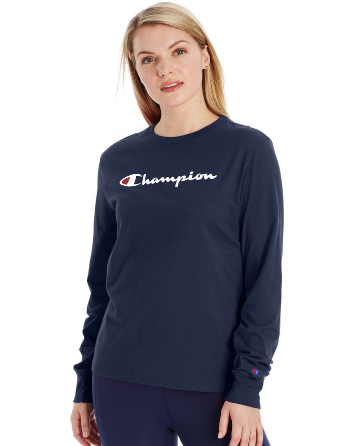 Champion T-Shirt Dames - Donkerblauw - Classic Long-Sleeve Script Logo ( 934018-AGD )